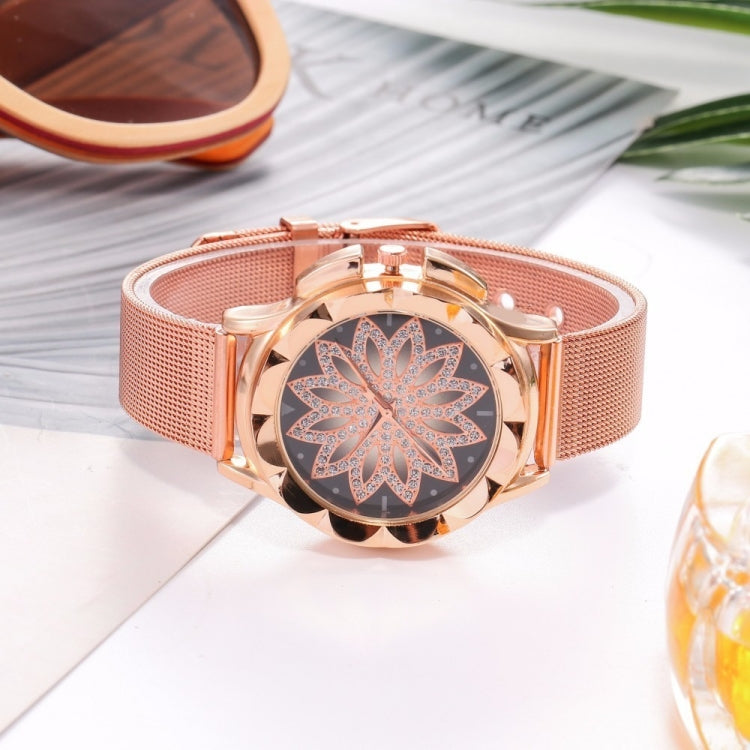 Smeeto Women Fashion Flower with Rhinestone Mesh Belt Alloy Bracelet Quartz Watch