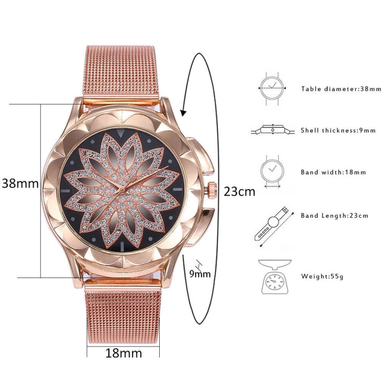 Smeeto Women Fashion Flower with Rhinestone Mesh Belt Alloy Bracelet Quartz Watch