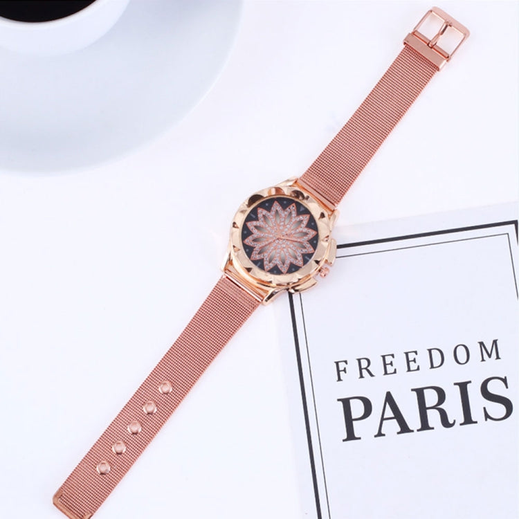 Smeeto Women Fashion Flower with Rhinestone Mesh Belt Alloy Bracelet Quartz Watch