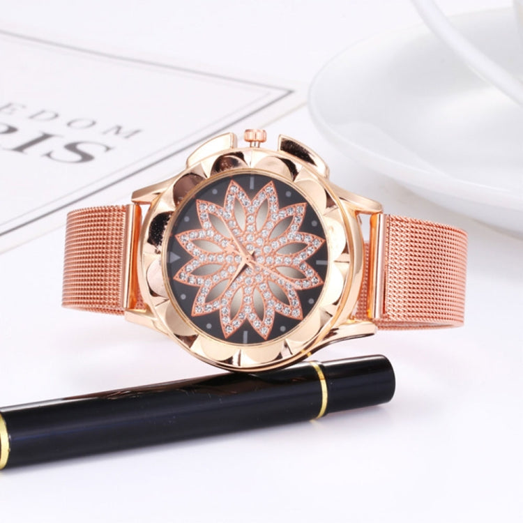 Smeeto Women Fashion Flower with Rhinestone Mesh Belt Alloy Bracelet Quartz Watch