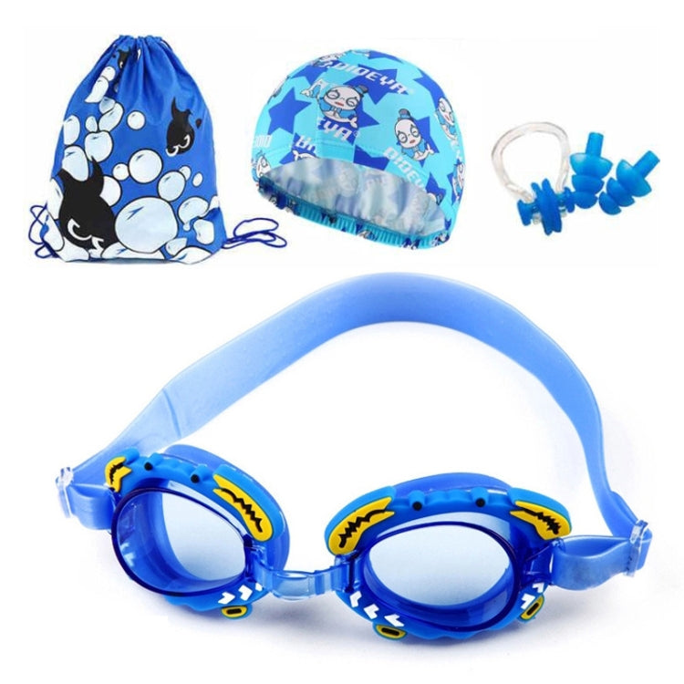 4 in 1 Cartoon Little Crab Waterproof and Anti-fog Silicone Swimming Goggles + Printed Pattern Swimming Cap + Nose Clip Earplugs + Storage Bag Swimming Equipment Set for Children Reluova