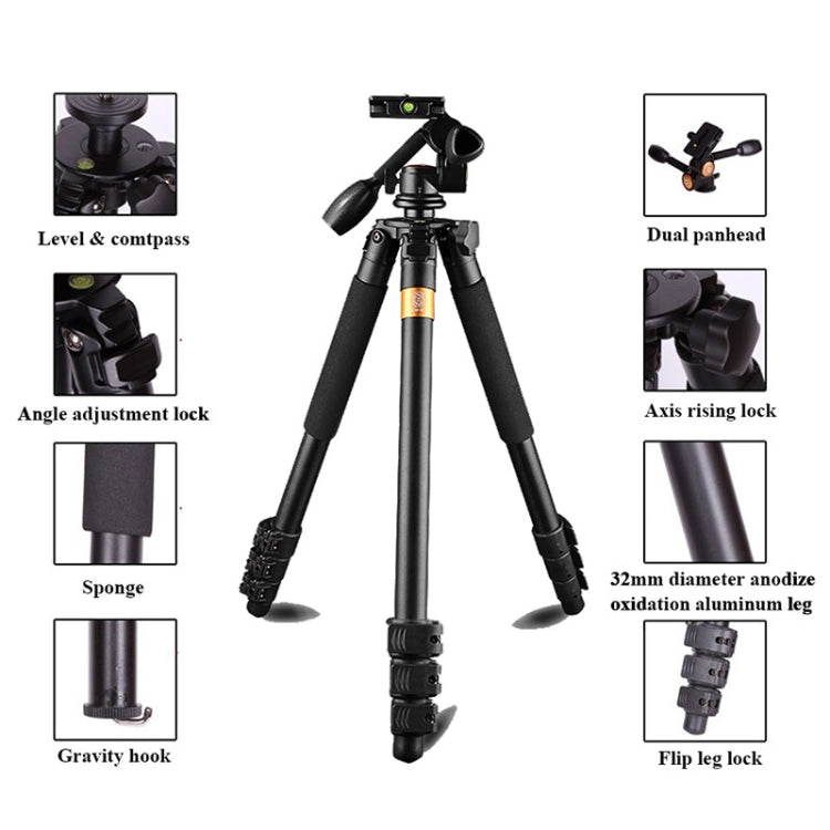 Q620 4-Section Folding Legs Heavy Duty Aluminum Alloy Tripod With Three-Dimensional Damping Tripod Heads