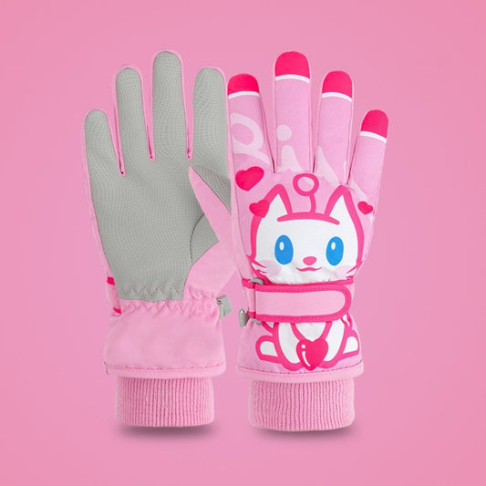 Cartoon Cat Pattern Girls Cute Cotton Gloves Children Ski Windproof and Warm Gloves Non-Slip and Waterproof Riding Gloves