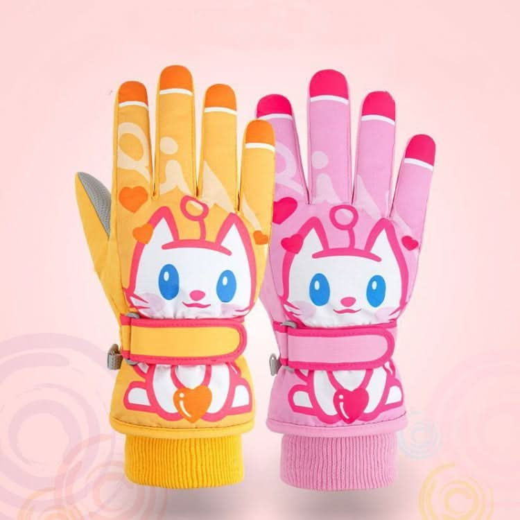 Cartoon Cat Pattern Girls Cute Cotton Gloves Children Ski Windproof and Warm Gloves Non-Slip and Waterproof Riding Gloves Reluova