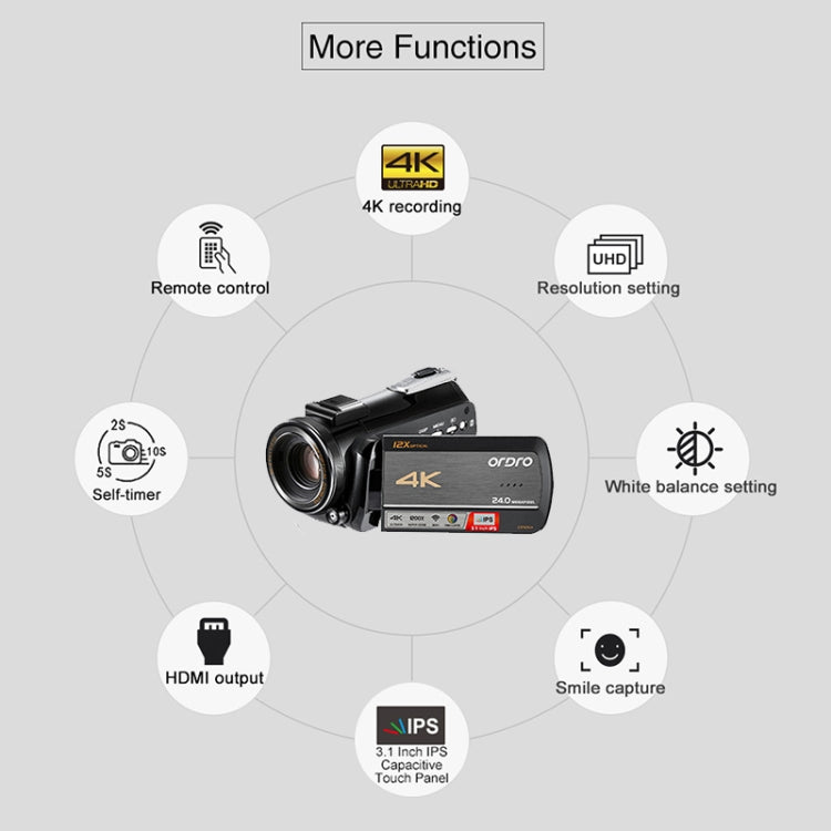 ORDRO AC5 4K HD Night Vision WiFi 12X Optical Zoom Digital Video DV Camera Camcorder