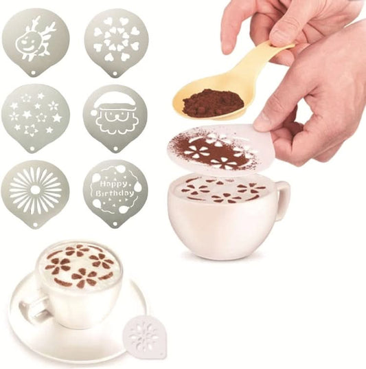 6 PCS Stainless Steel Garland Mold Fancy Coffee Printing Model Coffee Milk Foam Spray Pattern Template Random Style Delivery-Reluova