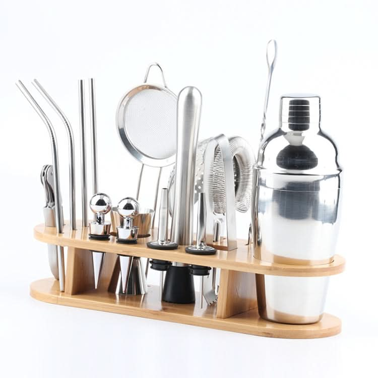 18 in 1 Stainless Steel Cocktail Shaker Set, Oval Bamboo Base, Bar Tool Set - Reluova