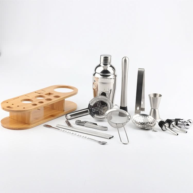 18 in 1 Stainless Steel Cocktail Shaker Set, Oval Bamboo Base, Bar Tool Set - Reluova