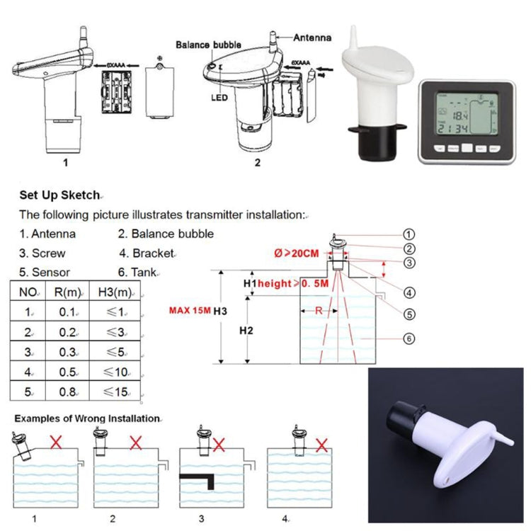 TS-FT002 Multifunctional Ultrasonic Electronic Water Tank Level Gauge With Indoor Temperature Thermometer Clock Display Water Level Gauge