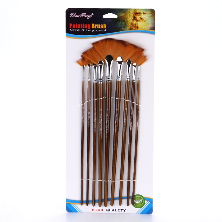 ZHU TING 9 PCS / Set Wooden Pole Fan-Shaped Nylon Hair Paintbrush Gouache Watercolor Acrylic Oil Painting Fishtail