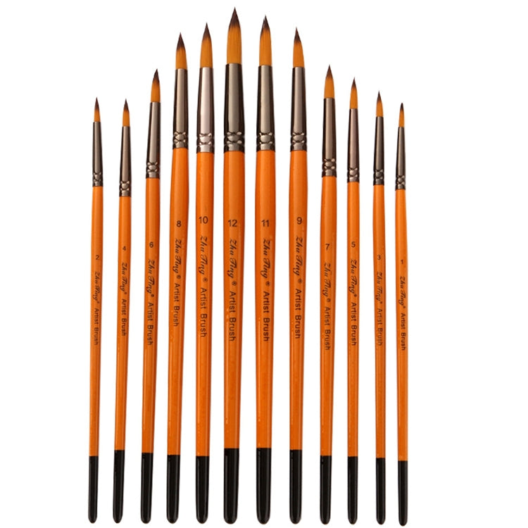 ZHU TING 12 PCS / Set Short Wooden Pole Nylon Hair Watercolor Hook Line Brush Nail Oil Painting Stroke Brush