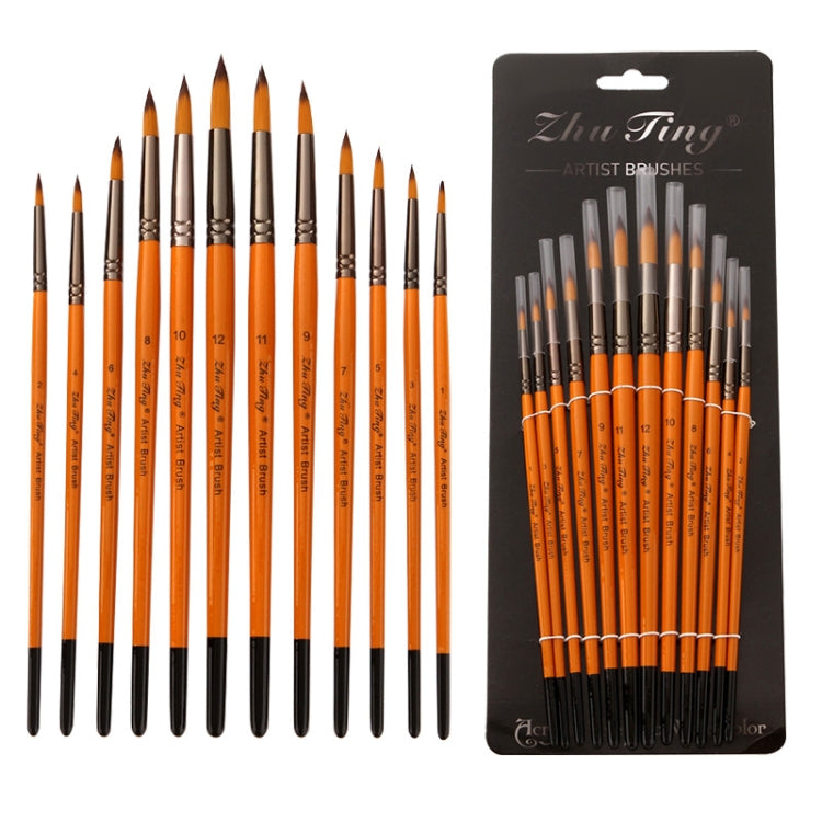 ZHU TING 12 PCS / Set Short Wooden Pole Nylon Hair Watercolor Hook Line Brush Nail Oil Painting Stroke Brush