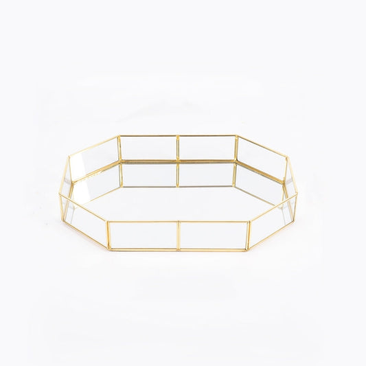 Glass Storage Tray Golden Retro Polygon Mirror Tray Brass Desktop Cosmetics Storage Tray My Store