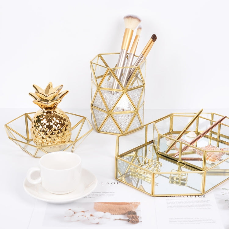 Glass Storage Tray Golden Retro Polygon Mirror Tray Brass Desktop Cosmetics Storage Tray