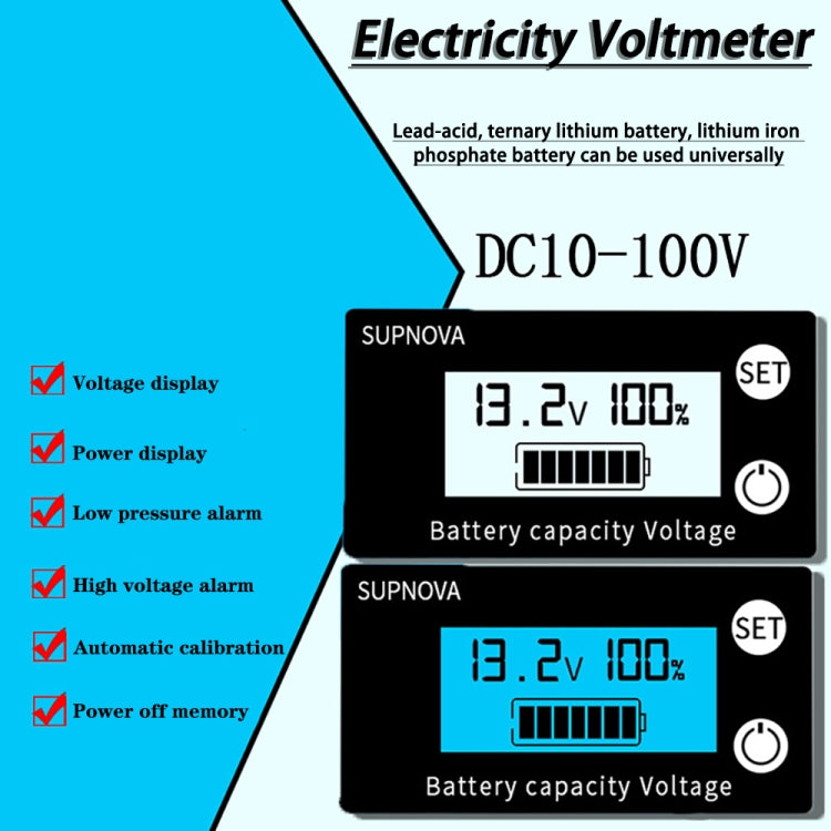 SUPNOVA DC 8-100V Battery Capacity Indicator Voltmeter Voltage Gauge,Style: