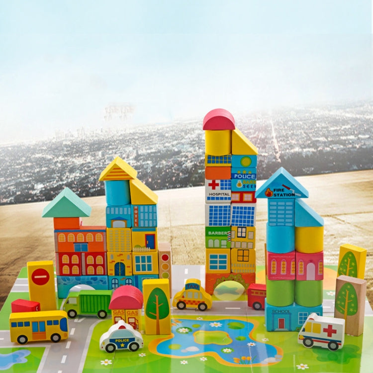 Onshine Wooden Puzzle Children Toy 62 PCS City Traffic Scene Building Blocks