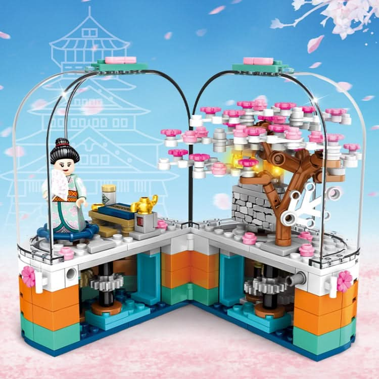 601077 Cherry Blossom Series Transparent Light Rotating Box Puzzle Assembled Toy Small Particle Building Blocks Reluova