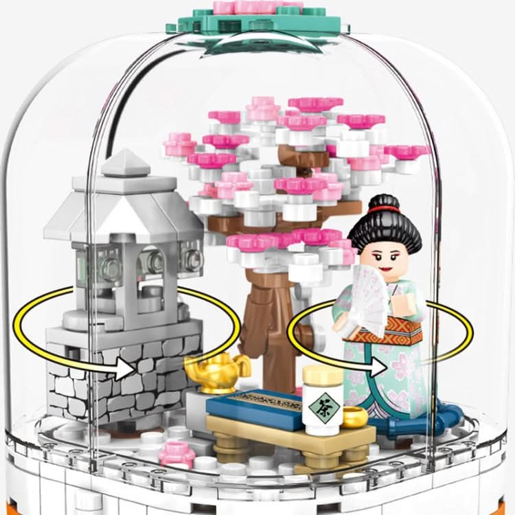 601077 Cherry Blossom Series Transparent Light Rotating Box Puzzle Assembled Toy Small Particle Building Blocks Reluova