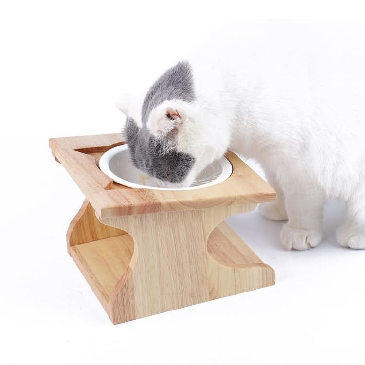 Oak Cat Bowl Rack Inclined Anti-Choking Ceramic Cat Bowl - Reluova