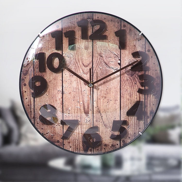 Simple Retro Imitation Wood Grain Three-dimensional Digital Round Wall Clock My Store