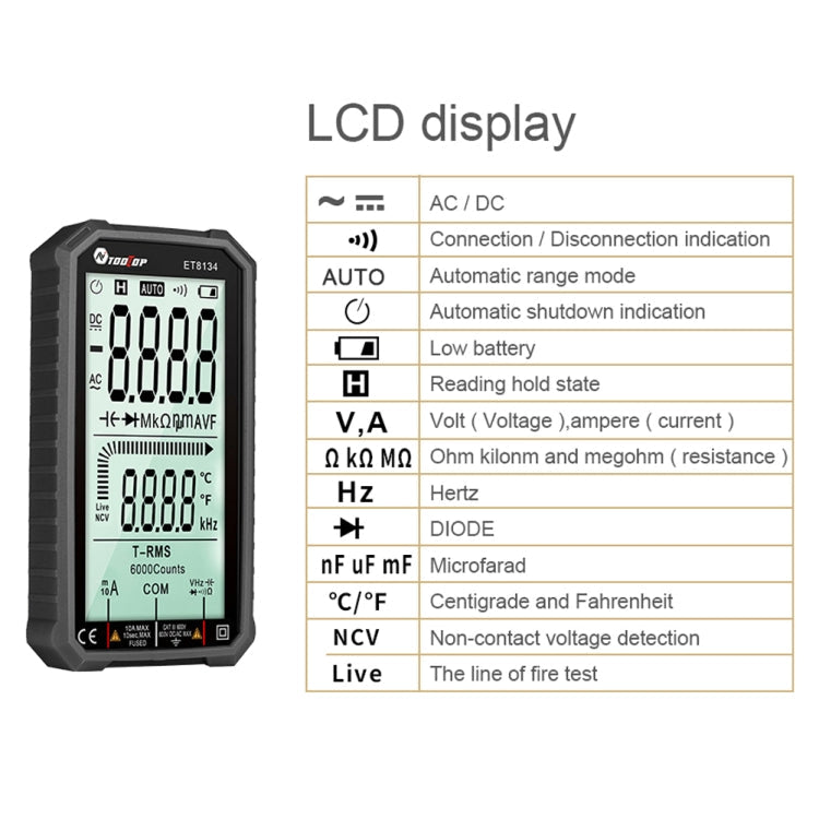 TOOLTOP ET8134 4.7 Inch LCD Full-Screen Multimeter With Color Change Alarm Function