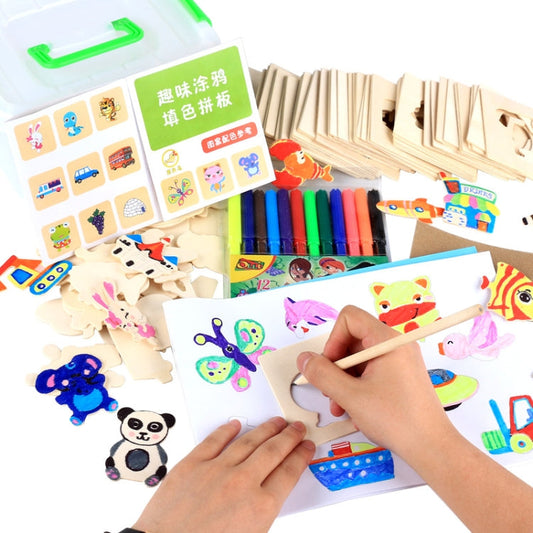 Wooden Painting Template Toy Kit Baby Graffiti Learning Drawing Tools Reluova