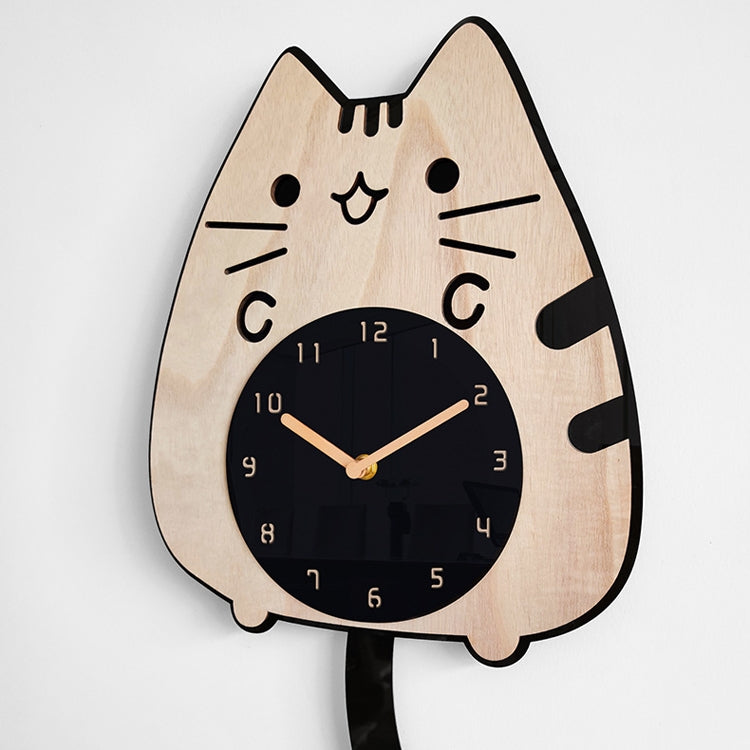 Wooden Cartoon Clocks Home Decoration Living Room Cat Wagging Tail Swinging Wall Clock