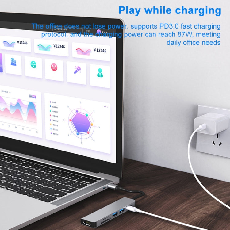 6 In 1 USB-C / Type-C To 4K HDMI + SD / TF Card Slot + PD USB-C / Type-C Charging + 2 USB 3.0 Ports Multifunctional HUB Docking Station