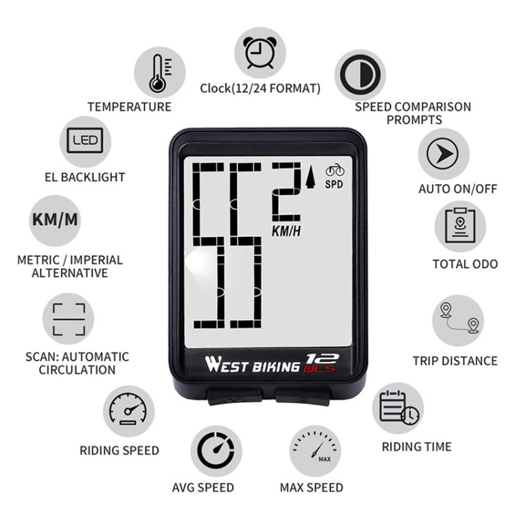 WEST BIKING Mountain Road Bike Wireless Big Character Table Big Screen Waterproof Night Light Speed Speedometer Reluova