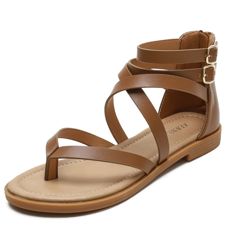 Ladies Summer Strappy Cross Sandals Roman Style Low-Heeled Retro Shoes Reluova