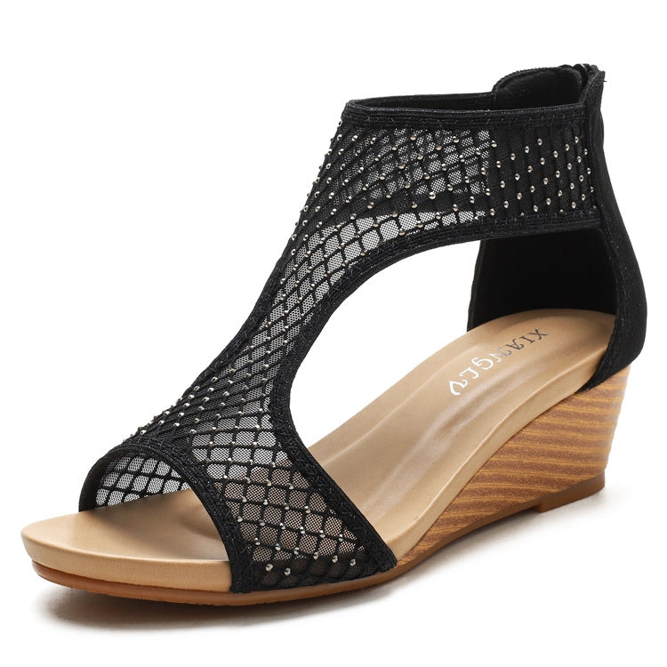 Ladies Summer Sandals All-Match Casual Mesh Thick Sole Wedge Heel Shoes