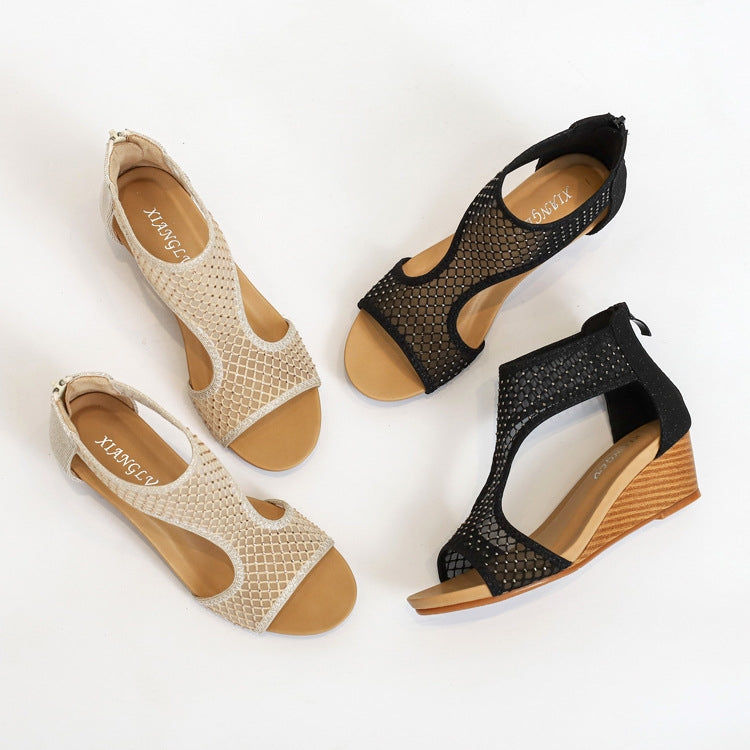 Ladies Summer Sandals All-Match Casual Mesh Thick Sole Wedge Heel Shoes