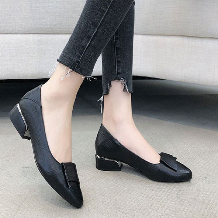 Spring And Summer Cowhide Shoes With Thick Heel Mid-Heel For Women