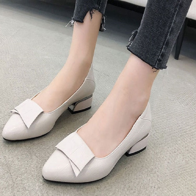 Spring And Summer Cowhide Shoes With Thick Heel Mid-Heel For Women