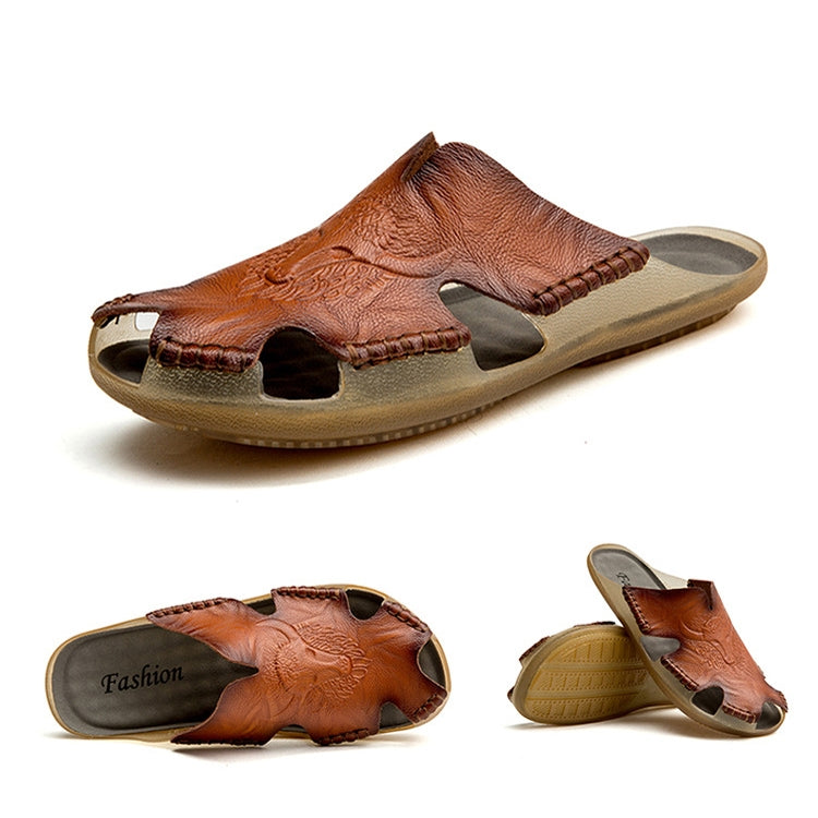 Summer Men Leather Slippers Casual Large Size Flat Beach Shoes Reluova