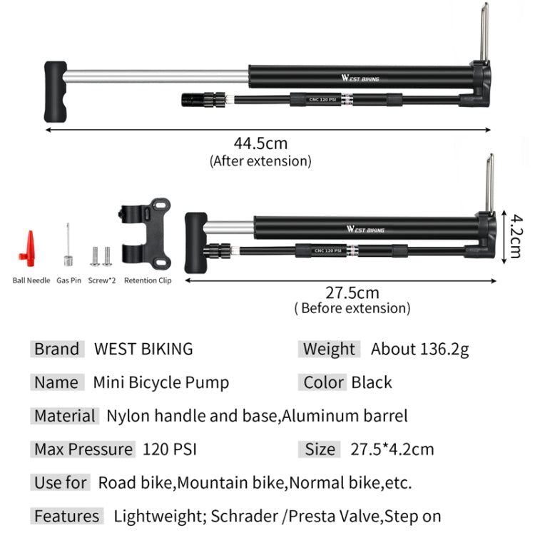 WEST BIKING High Pressure Bicycle Vertical Pump With Barometer