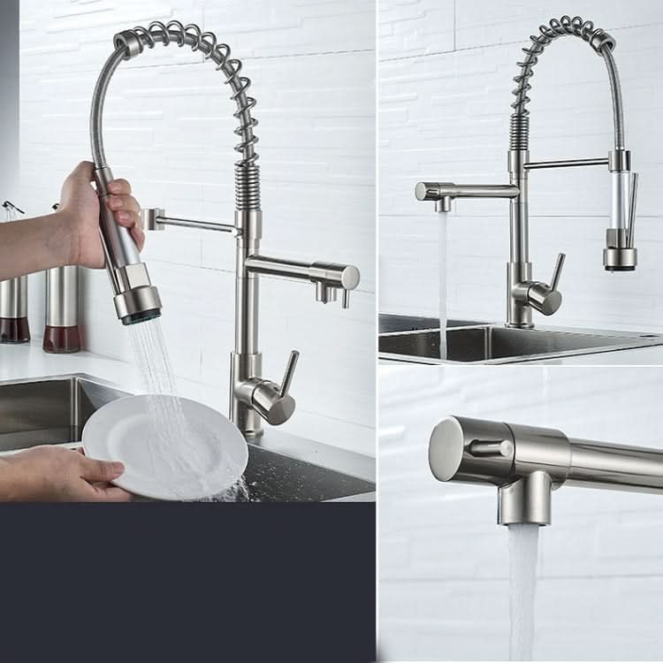 Copper And Nickel Brushed Double Outlet Spring Faucet Rotatable Kitchen Hot And Cold Water Faucet Reluova