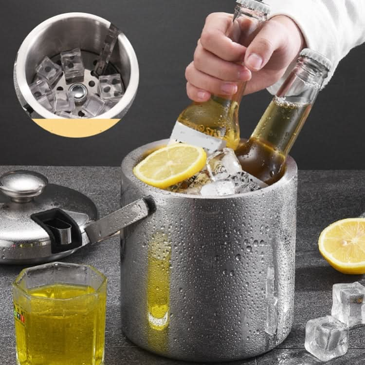 304 Stainless Steel Ice Bucket Double-Layer Hollow Bar Beer Wine Barrel With Ice Clip, Capacity: 1.3L-Reluova