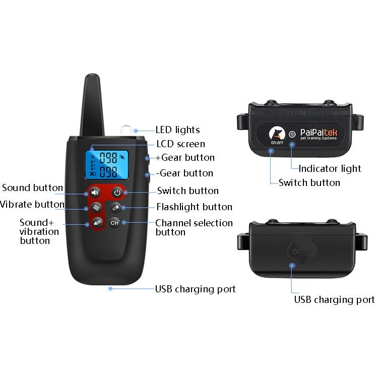 PaiPaitek PD526V-2 1 In 2 100-Speed Sound Vibration Remote Control Training Dog Device Anti-Barking Device Electronic Remote Control Collar.