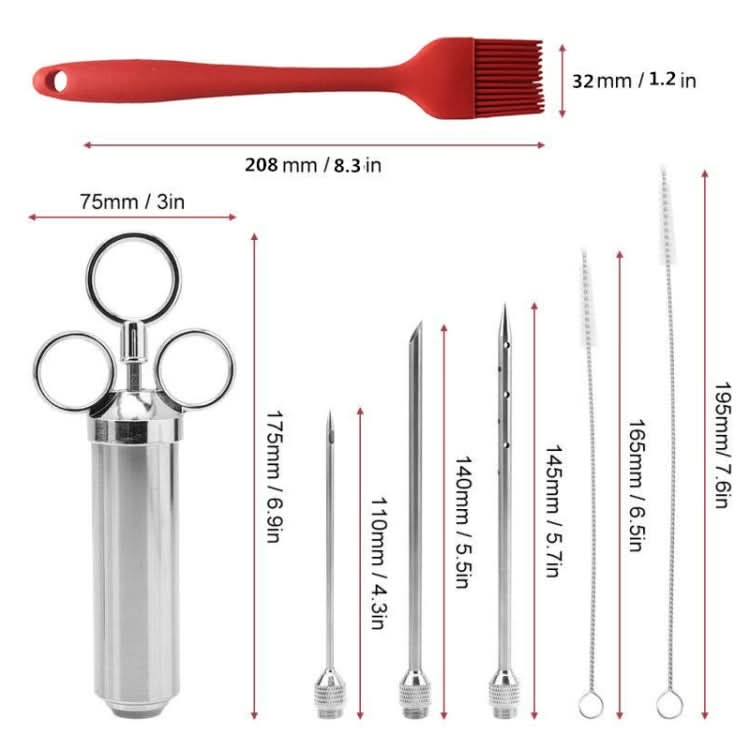 Stainless Steel Seasoning Steak Syringe Turkey Needle Set With Cleaning Silicone Brush Reluova