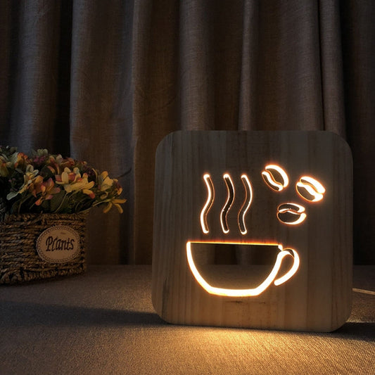 FS-T1879W 2.5W 3D Coffee LED Wooden Table Lamp Bedroom Night Light My Store