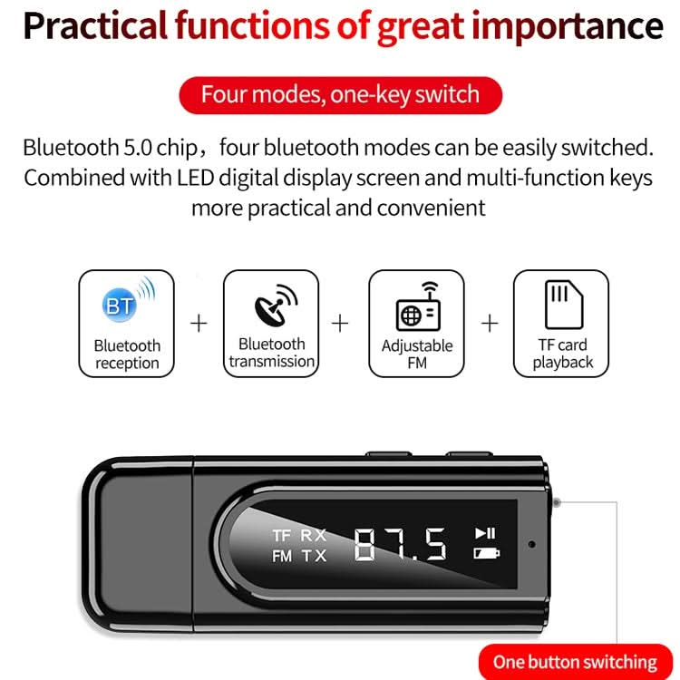 USB Car Bluetooth 5.0 Adapter Receiver FM + AUX Audio Dual Output Stereo Transmitter