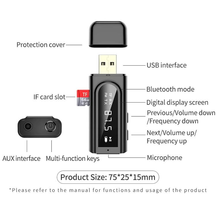 USB Car Bluetooth 5.0 Adapter Receiver FM + AUX Audio Dual Output Stereo Transmitter