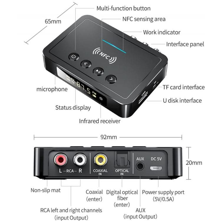 M6 NFC Bluetooth 5.0 Receiver & Transmitter & FM 3 In 1 Adapter