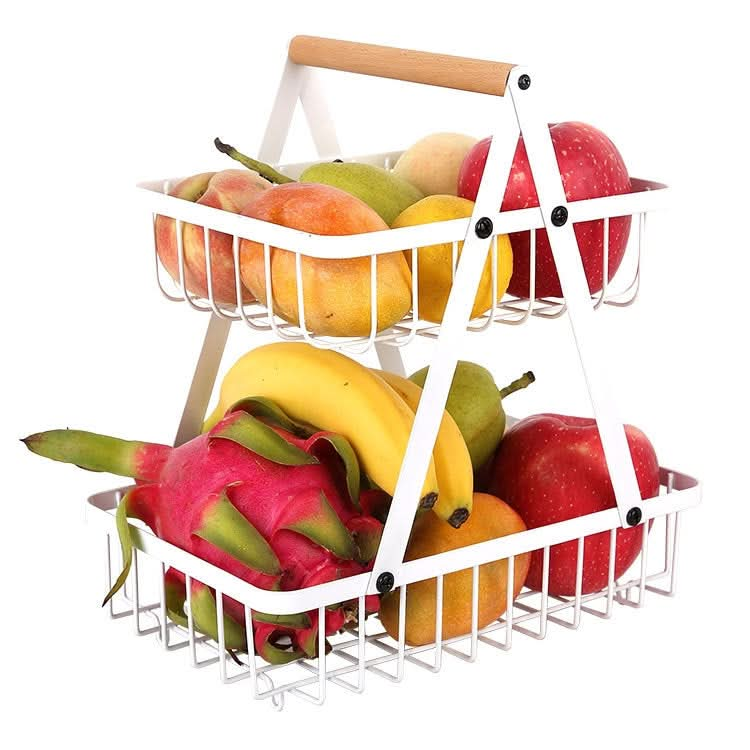 Double-Layer Portable Wrought Iron Basket Foldable Kitchen Storage Basket Shelf Fruit Basket Reluova