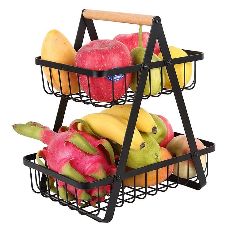 Double-Layer Portable Wrought Iron Basket Foldable Kitchen Storage Basket Shelf Fruit Basket