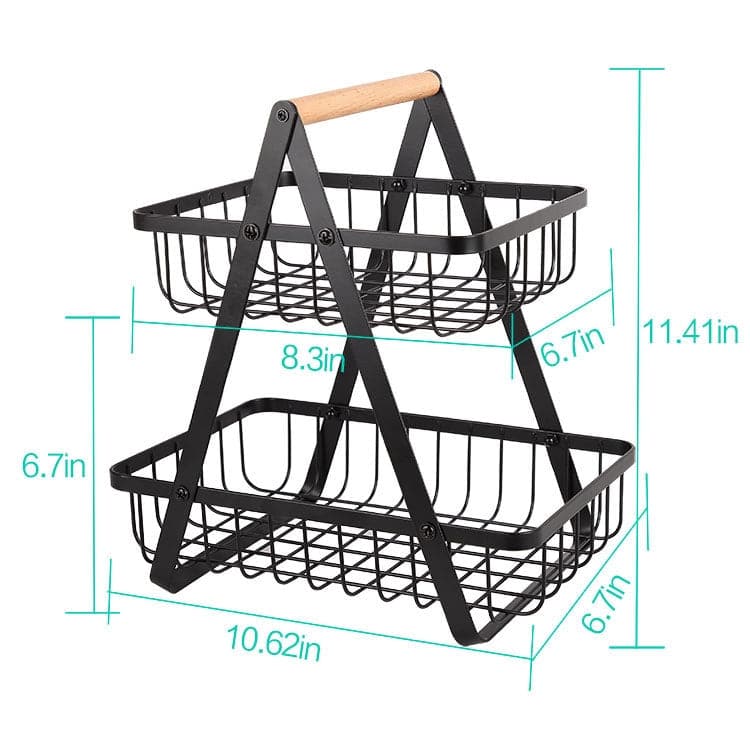 Double-Layer Portable Wrought Iron Basket Foldable Kitchen Storage Basket Shelf Fruit Basket