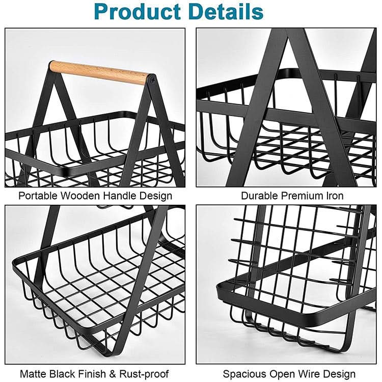 Double-Layer Portable Wrought Iron Basket Foldable Kitchen Storage Basket Shelf Fruit Basket