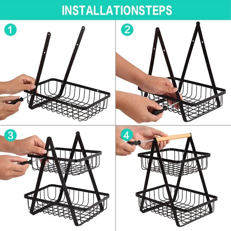 Double-Layer Portable Wrought Iron Basket Foldable Kitchen Storage Basket Shelf Fruit Basket Reluova