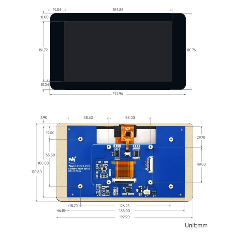 Waveshare 7 inch 800×480 IPS Capacitive Touch Display, DSI Interface, 5-Point Touch Reluova